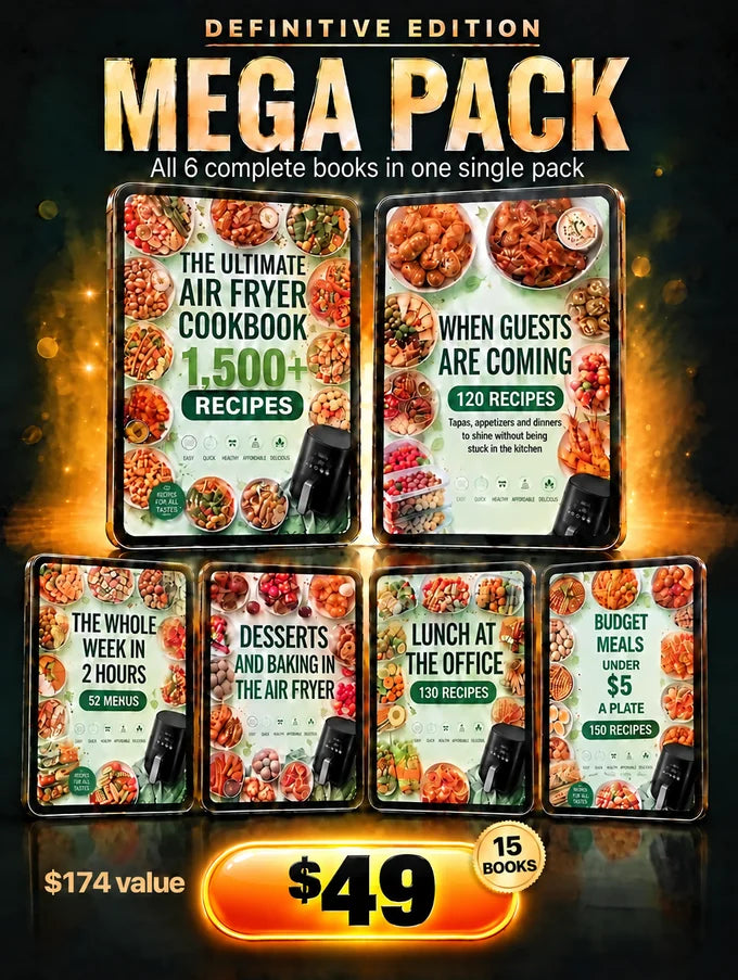 Mega Pack: all 6 complete air fryer cookbooks shown on tablets, $49