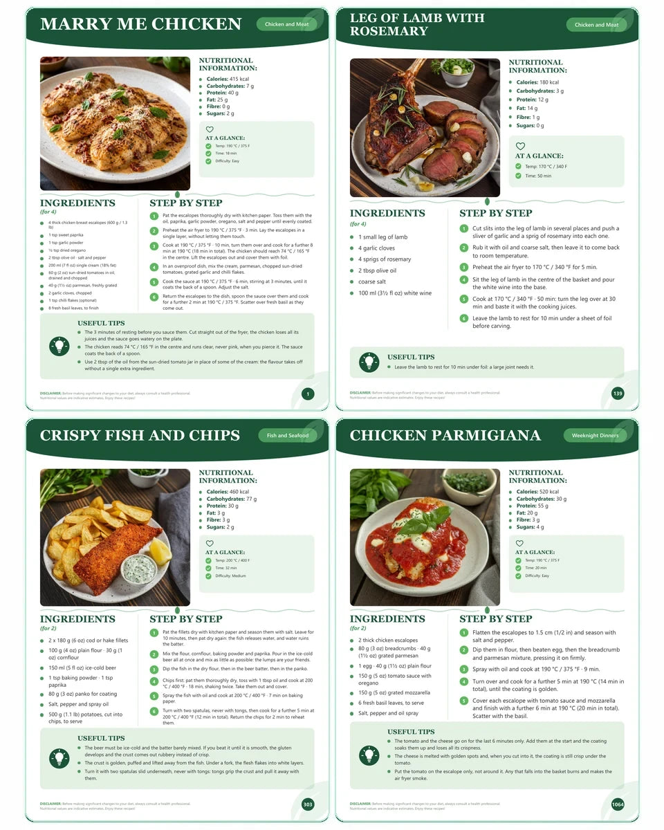 Book page: chicken parmigiana for 2, 190 °C for 20 minutes, with a photo, ingredients and a step-by-step method